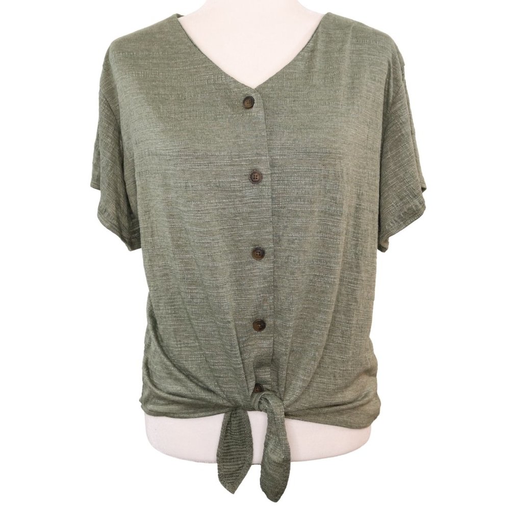 Weatherproof Vintage Button-Up & Tie-Front Top Olive Heather